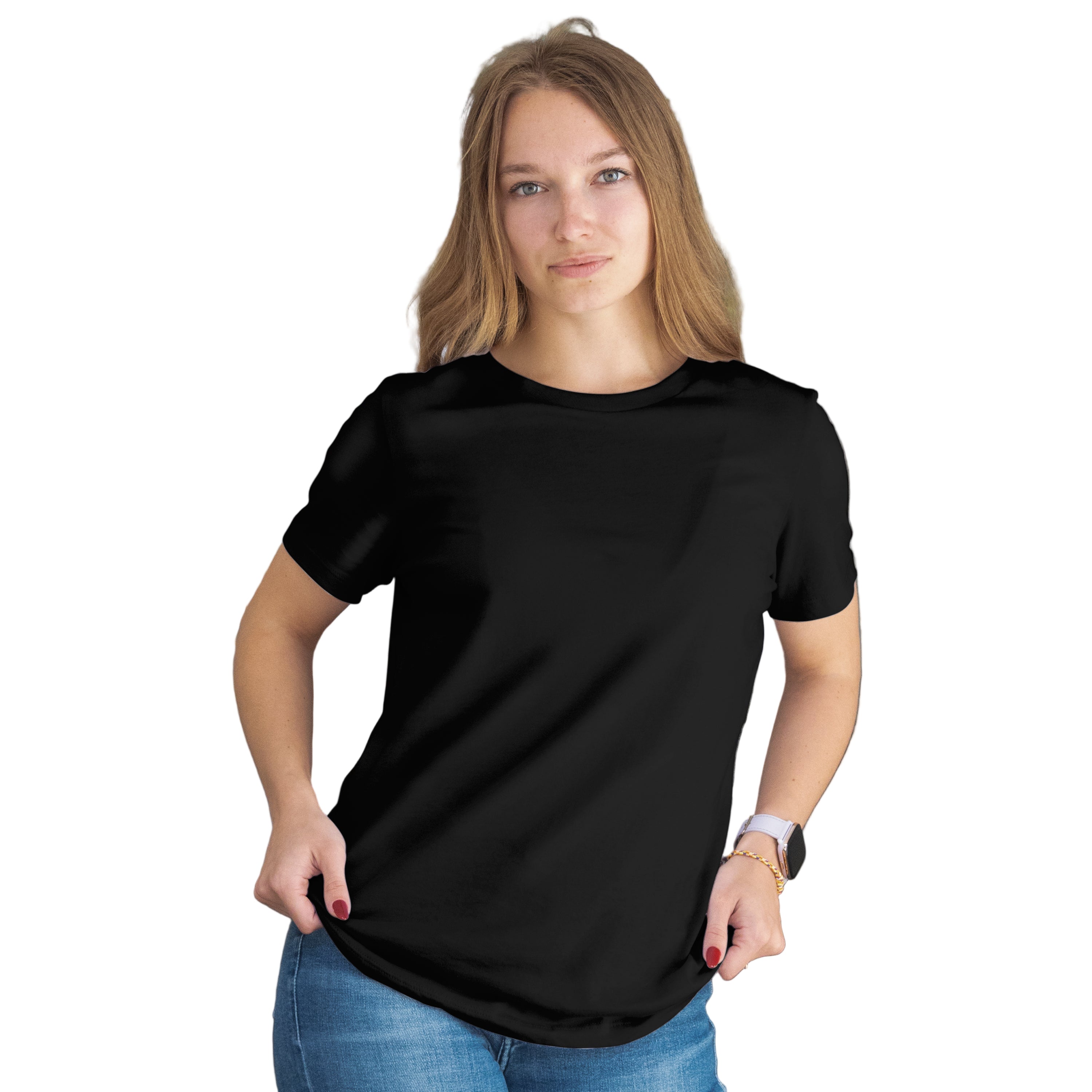 Woman wearing a black t-shirt in an indoor setting